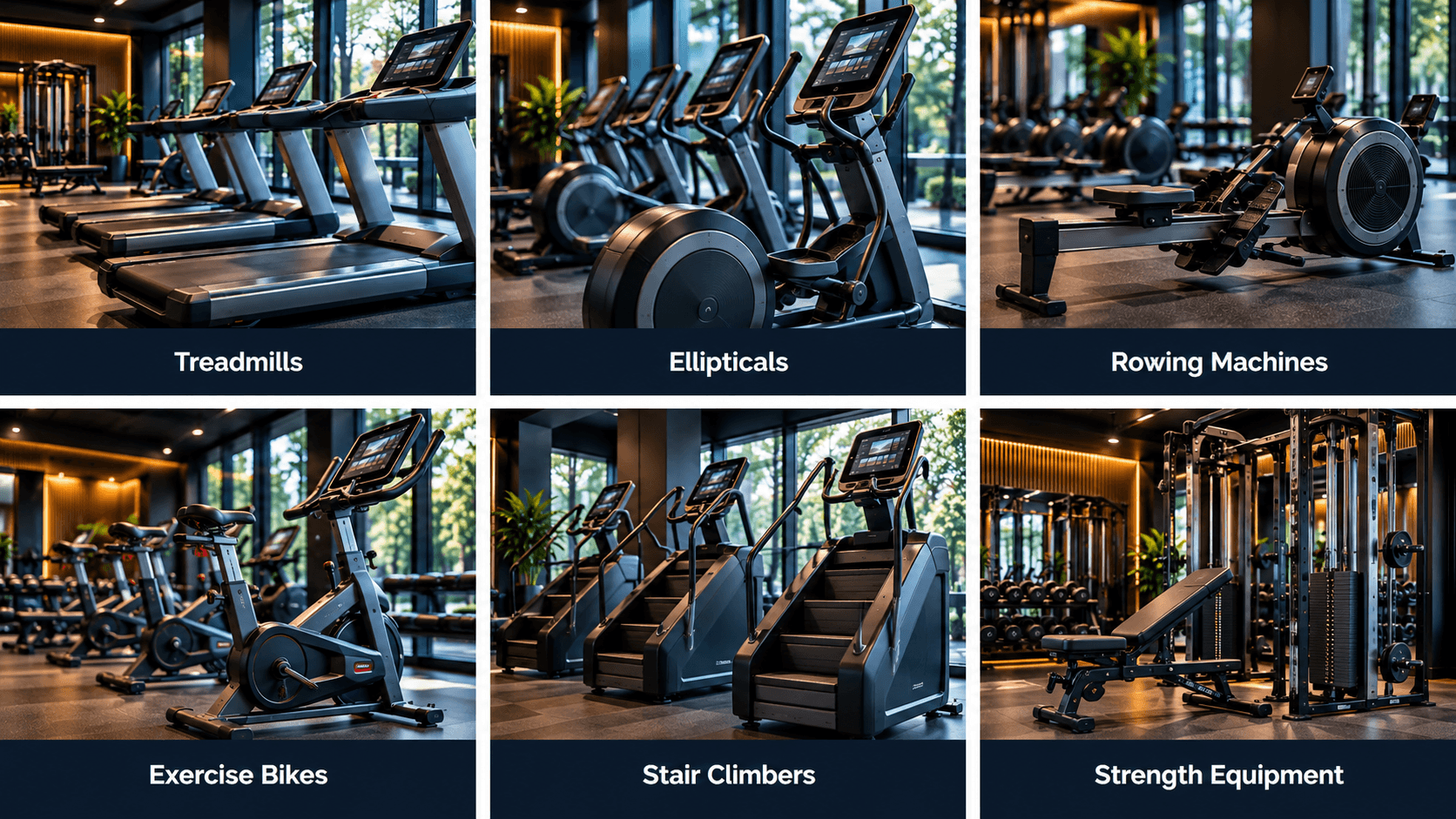 Treadmills, ellipticals, rowing machines, exercise bikes, stair climbers, and strength equipment