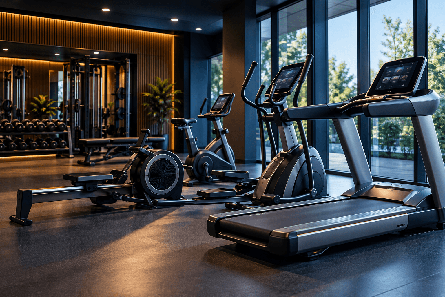 Modern fitness center with treadmill, elliptical, rowing machine, exercise bike, and strength equipment